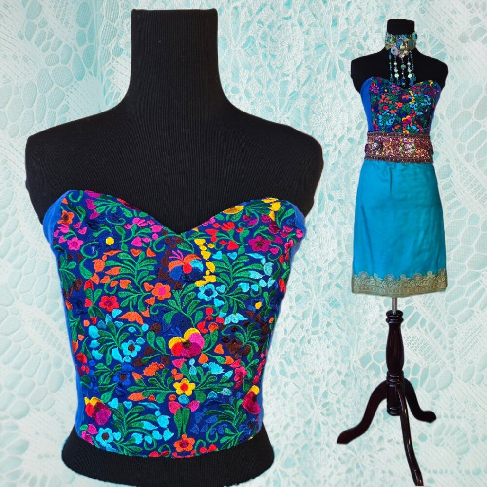 Embroidered Bustier Crop Top Cobalt Royal Blue Sweetheart Neckline Mermaid Boho